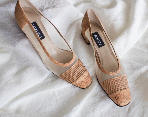 Cork and Mesh Van Eli Pumps