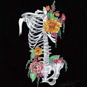 May include: A white skeletal ribcage and spine with colorful flowers growing from it. The flowers are pink, orange, yellow, and green. The background is black.