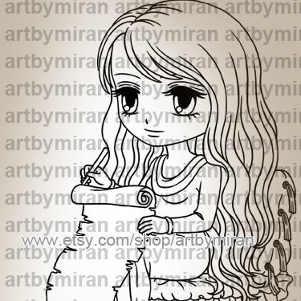 Digital Stamp -Poetess Polly (#355), Digi Stamp,  Printable Line art for Card and Craft Supply, Birthday