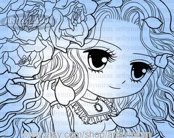 Digital Stamp, Rose and girl illustration  Instant Download Digi Stamp, Line art for Card and Craft, Art by Mi Ran Jung