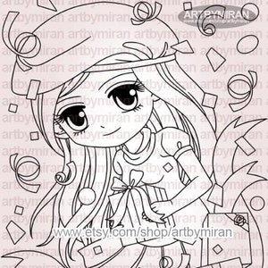 Digital Stamp - Birthday Betty(#281), Cute Anime Girl Digi Stamp, Printable Line art for Cardmaking & Scrapbooking, Kawaii Chibi Clipart