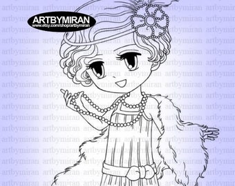 Digital Stamp - Brittany 1920's Flapper(#17), Cute Anime Digi Stamp, Printable Line art for Card and Craft Supply, Kawaii Chibi Clipart