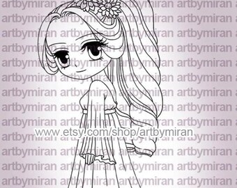 Digital Stamp Elegant Girl - Olivia(#154), Cute Anime Digi Stamp, Printable Coloring Page for Adult & Kids, Kawaii Chibi Clipart for Craft