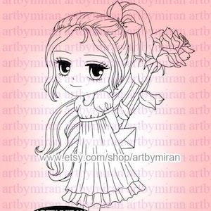 Bedankt digitale stempel-Rosy Cheek Emma(#105), verjaardag Digi Stamp, afdrukbare zeer fijne tekeningen voor Card and Craft Supply, kawaii chibi clipart