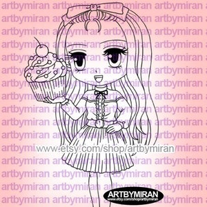 Birthday Digital Stamp - Babycakes, Cupcake Digi Stamp, Printable Line art for Card and Craft Supply, Kawaii Anime Clipart for DIY Projects