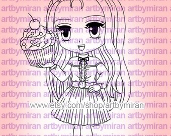 Geburtstag Digital Stamp - Babycakes, Cupcake Digi Stamp, druckbare Linie Kunst für Karten und Bastelbedarf, Kawaii Anime Clipart für DIY-Projekte
