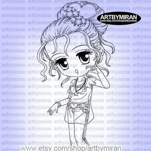 Cute Anime Girl Digital Stamp-Sweet Cheeks(#53), Birthday Digi Stamp, Printable Line art for Card and Craft Supply, Kawaii Chibi Clipart
