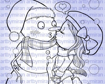 Christmas Digital Stamp -Snow Kissed (Snowman and girl), Winter illustration, X-mas digi stamp, Instant download, Coloring page, Cute Girl