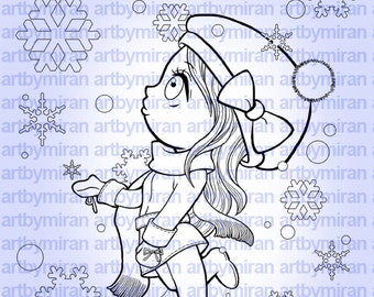 Christmas Digital Stamp, Winter Digi Stamp, Snowflake and girl illustration, Xmas digi stamp, instant download, anime