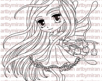 Fairy Digital Stamp - Fairy Lily(#148),  Digi Stamp,  Printable Line art for Card and Craft Supply, Fantasy