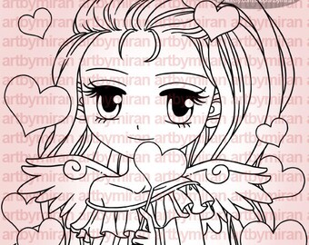 Digitale Stamp - Angel of Hearts (#278), Digi stempel, Anime, afdrukbare lijnwerk voor kaart en ambacht leveren, liefde, Valentijn, kleuren pagina