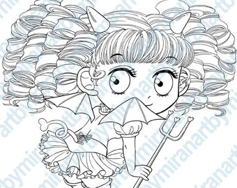 Digital Digi Stamp - Cupid’s Little Helper(Cute Devil), Instant Download Coloring Page, Anime, kawaii Chibi, Line art for Craft Supplies
