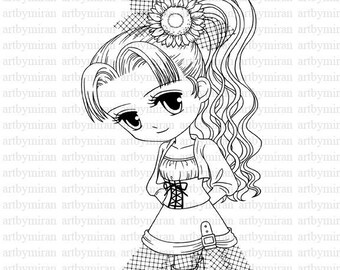 Shy Girl(#27) Digi Stamp, Digital Stamp, Big eyed girl  Printable Line art for Card and Craft Supply, Art by Mi Ran Jung