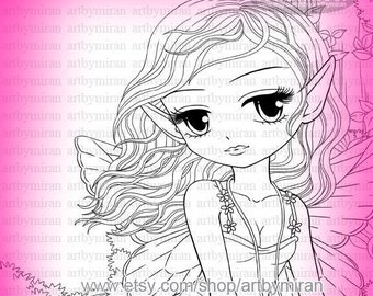 Fairy Digital Stamp -Shaylee, Digi stamp, Big Eye Doll, Coloring Page,  Instant Download Line Art for Card, Fantasy