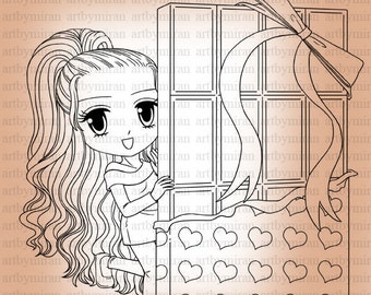 Digital Stamp -Caressa's Gift(#31), Digi Stamp, Cute Girl Anime  Printable Line art for Card and Craft Supply