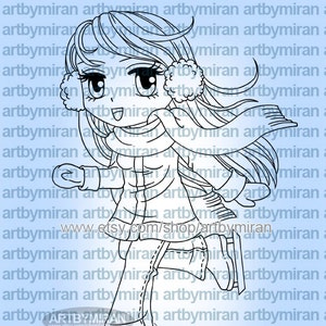 Christmas Digital Stamp Ice Skater Macy151, Winter Digi Stamp, Ice Skating, Printable Line art for Card and Craft, Instant Download image 1