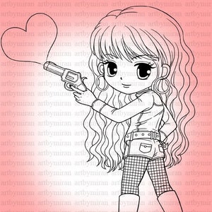 Valentine Digi Stamp-Love Shot, Pretty Girl Heart Digital Stamp, Printable Line art for Card and Craft Supply image 1