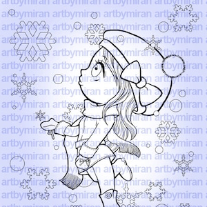 Christmas Digital Stamp, Winter Digi Stamp, Snowflake and girl illustration, Xmas digi stamp, instant download, anime image 1