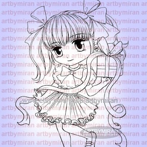 Digital Stamp - #382 Happy Birthday, Christmas Digi Stamp, Printable Cute Anime Girl Clipart, Downloadable PNG JPG  for Cardmaking