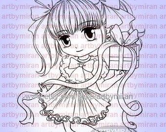 Digital Stamp - #382 Happy Birthday, Christmas Digi Stamp, Printable Cute Anime Girl Clipart, Downloadable PNG JPG  for Cardmaking