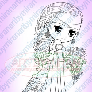 Digitale Stempel Süßes Anime Prinzessin Mädchen, Braut Digi Stempel, druckbare Hochzeit Clipart zum Kartenbasteln &Scrapbooking