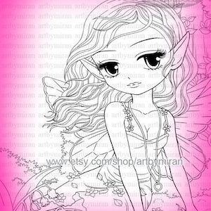 Fada do carimbo digital - Shaylee, carimbo digital de aniversário, página para colorir de fantasia para impressão, download instantâneo de arte Cottagecore, ilustração de anime