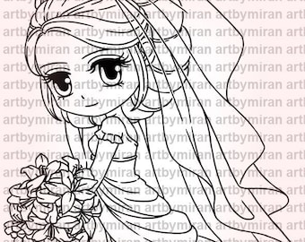 Wedding Digital Stamp - Bella the Bride(#358), Digi Stamp,  Printable Line art for Card and Craft Supply, Love, Bridal shower