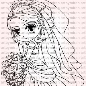 May include: A black and white line drawing of a bride in a wedding dress and veil, holding a bouquet of flowers. The bride is looking down at the flowers. The image is a digital illustration.