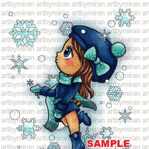 Christmas Digital Stamp, Winter Digi Stamp, Snowflake and girl illustration, Xmas digi stamp, instant download, anime image 2