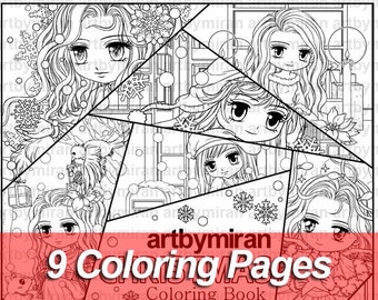 Christmas Digital Coloring Book - 9 Coloring Pages, Printable, PDF, Anime, Cute, Girl, Adult Coloring Book, Instant Download, Winter