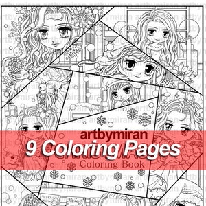 Christmas Digital Coloring Book - 9 Coloring Pages, Printable, PDF, Anime, Cute, Girl, Adult Coloring Book, Instant Download, Winter