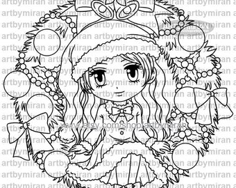 Christmas Digital Stamp - Christmas Wreath(#370), Winter Digi Stamp, Printable Line art for Card and Craft Supply, Instant Download