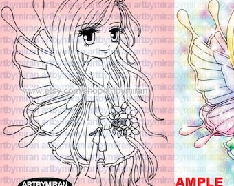 Digi Stamp Fairy - Flutterby(#184), Fairytale Digital Stamp & Coloring Page, Fantasy Clipart, Birthday image for Cardmaking and Scrapbooking