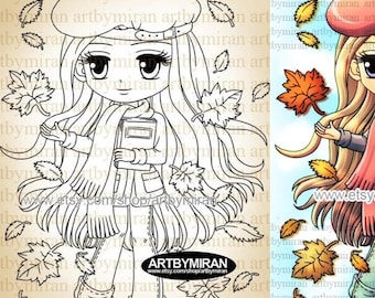 Autumn Digital Stamp-Autumn's Memoirs(#112), Fall Digi Stamp,  Printable Line art for Card and Craft Supply, DIY Scrapbooking