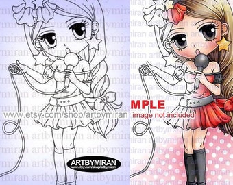 Digital Stamp Cute Singer - Pop Star Suzy(#119), Kawaii Anime Girl Digi Stamp, Printable Birthday Clipart for Cardmaking & Scrapbooking