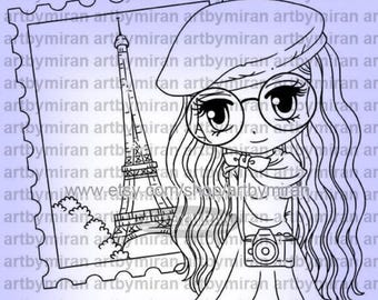 Digital Stamp Travel Theme -Dreams of Paris(#346), Birthday Digi Stamp, Line art for Card and Craft Supply, Printable Cute Anime Clipart