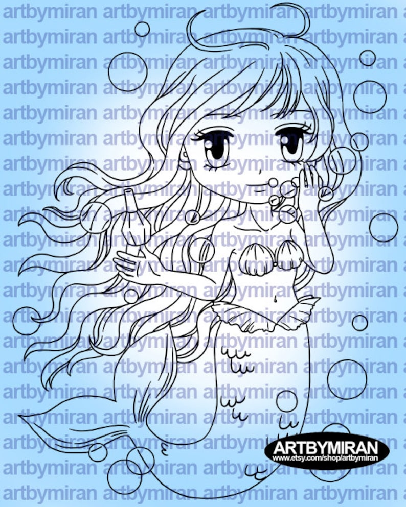 Mermaid Digital Stamp Marina190, Digi Stamp, Printable Line art for Card and Craft Supply, Fantasy, Coloring Page image 2