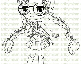 Digital Stamp - Bookaholic Kaite(#124), Digi Stamp,  Printable Line art for Card and Craft Supply, Back to School