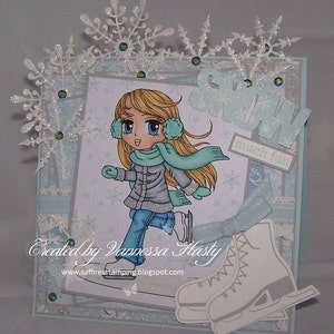 Christmas Digital Stamp Ice Skater Macy151, Winter Digi Stamp, Ice Skating, Printable Line art for Card and Craft, Instant Download image 2