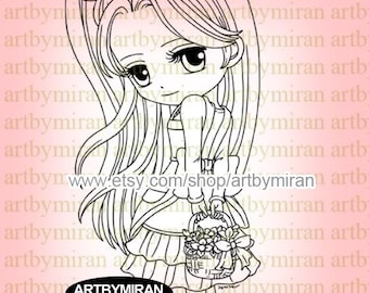Chibi Digital Stamp - Spring Happiness(#111), Birthday Digi Stamp, Printable Cute Anime Girl Clipart, Instant Download Coloring Page