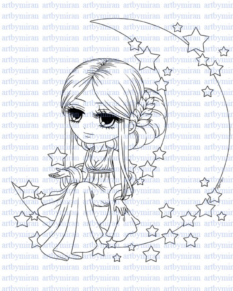 Digital Stamp-Lunar Deity59, Digi Stamp, Printable Line art for Card and Craft Supply, Fantasy image 1