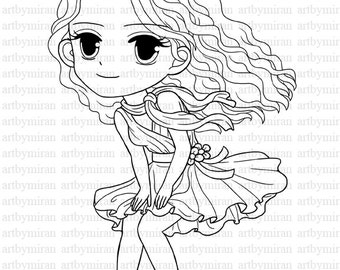Digi Stamp-Sweet & Sassy(#4), Pretty Girl  Digital Stamp, Printable Line art for Card and Craft Supply, Art by Mi Ran Jung