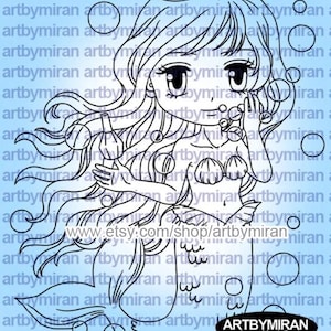 Digital Stamp Mermaid - Marina(#190), Digi Stamps to print, Printable Line art for Card and Craft Supply, Fantasy Coloring Page