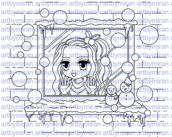 Digital Stamp - Snowy Dreams(#158), Christmas Digi Stamp,  Printable Line art for Card and Craft Supply, Coloring Page