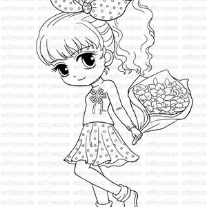 Digi Stamp-Isabel's Bouquet, Pretty Girl Big eyed girl Digital Stamp, Art by Mi Ran Jung, Birthday, Thank you image 1