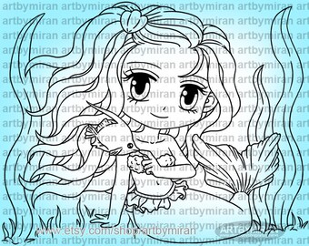 Mermaid Digital Stamp - Oceanna (#361), Digi Stamp,  Printable Line art for Card and Craft Supply, Fantasy