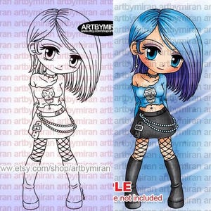 Punk Girl Digital Stamp - Punkette Peta(#182), Birthday Digi Stamp, Printable Cute Anime Girl Clipart, DIY Planner, Scrapbooking Supplies