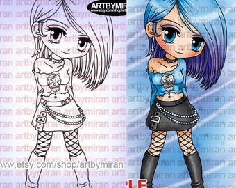 Punk Girl Digital Stamp - Punkette Peta(#182), Birthday Digi Stamp, Printable Cute Anime Girl Clipart, DIY Planner, Scrapbooking Supplies