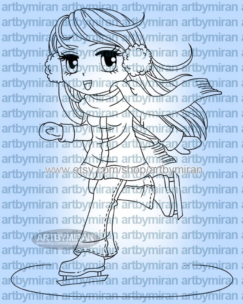 Christmas Digital Stamp Ice Skater Macy151, Winter Digi Stamp, Ice Skating, Printable Line art for Card and Craft, Instant Download image 1