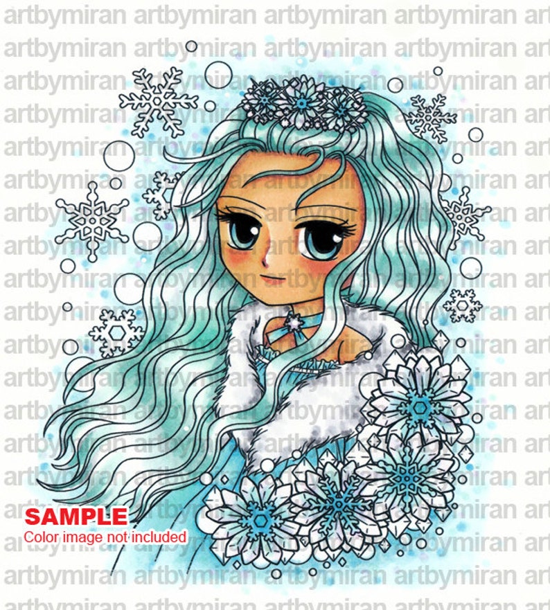 Christmas Digi Stamp, Princess of Snowflake16 Digital Stamp, Winter Printable Line art for Card image 2